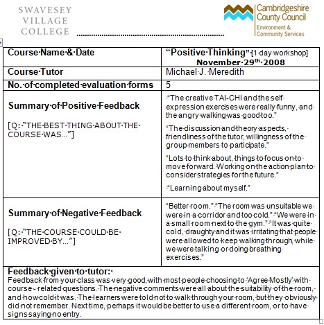 Positive Thinking - responses from participants at a course near Cambridge Cambridgeshire East Anglia UK 2008